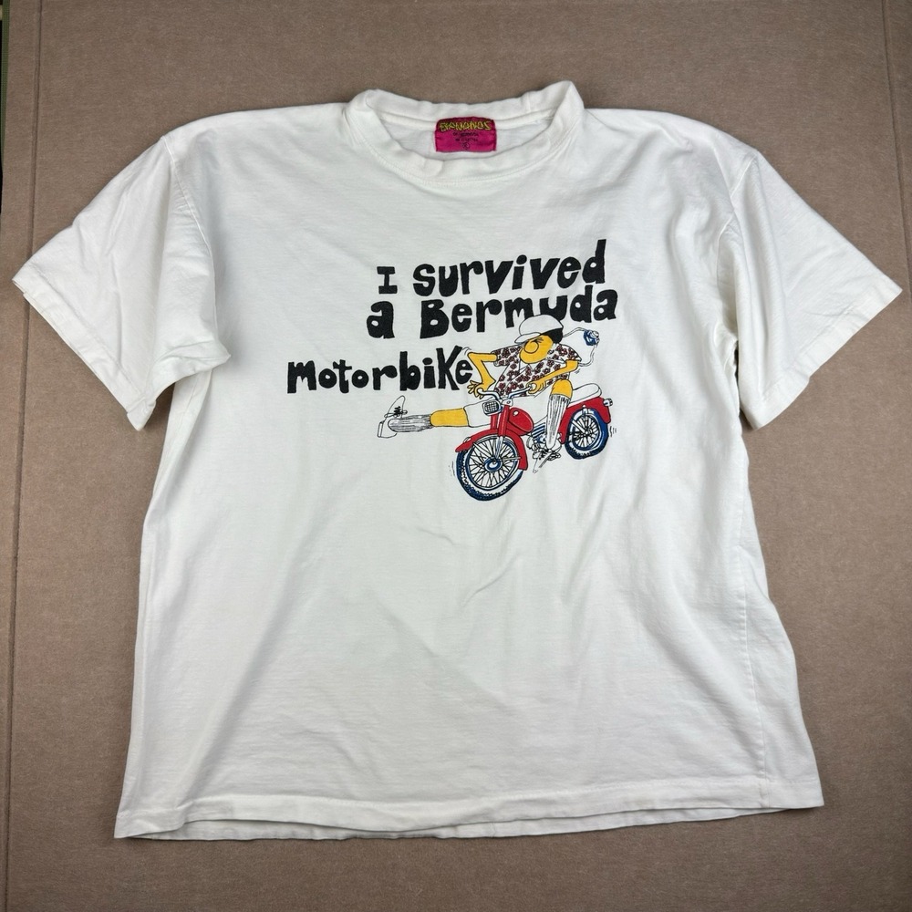 Vintage‎ Bananas Bermuda T-Shirt Men XL White Motorbike Funny Tee Single Stitch